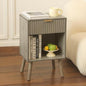 Mid Century Modern Nightstand, Wood Bedside Table with Drawer and Opening Storage, End Table Living Room Fluted Night Stand with Solid Wood Legs for Bedroom (Grey)