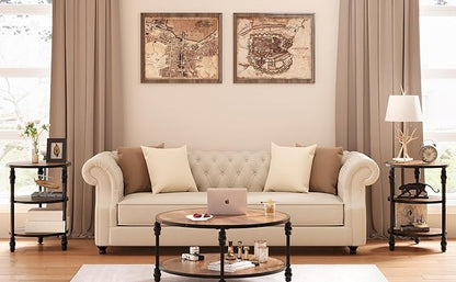 GarveeHome Round End Table with Storage Shelves, 3-Tier Round Farmhouse Side Table w/Mental Support Legs, Rustic End Table Accent Nighstands for Living Room Bedroom (B, Rustic Brown)