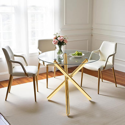 Kitchen Table Classic Dining Table for 4 Round Glass Dining Table 35.4" Kitchen & Dining Room Tables with Metal Legs and Glass Tabletop for Dining Room and Apartment, Golden