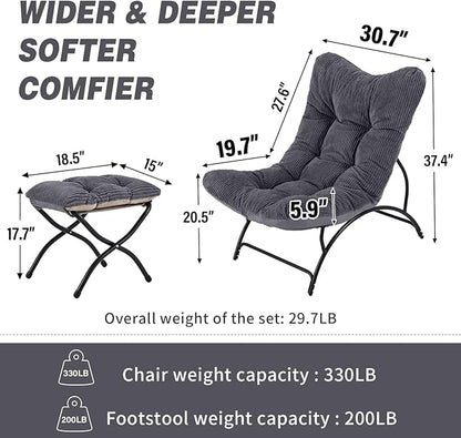 Welnow Accent Chair with Ottoman, Lounge Comfy Soft Leisure Metal Frame Reading Chair with Footrest, Upholstered Thick Cushion Seated Recliner Sofa for Living Room, Bedroom, Dorm, Dark