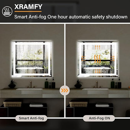40"x 40" LED Bathroom Mirror, Backlit + Front Lit, LED Bathroom Mirror with Lights for Wall, 3 Colors, Anti-Fog, Dimmable Brightness, Memory Function, Tempered Glass