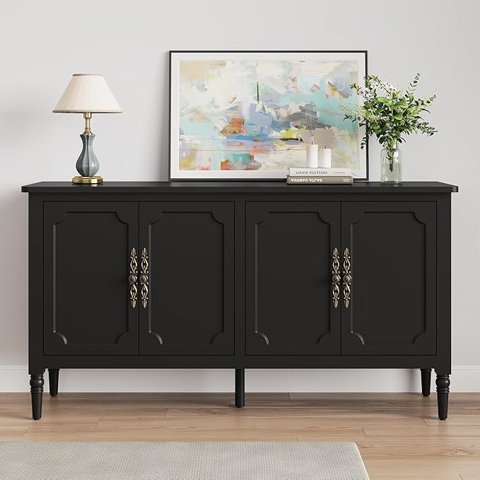 Console Cabinet, 58'' Mid Century Modern Pantry Sideboard, Wood Buffet Cabinet, Media Cabinet with 4 Doors, Accent Cabinet for Entryway, Living Room, Dining Room (Black)