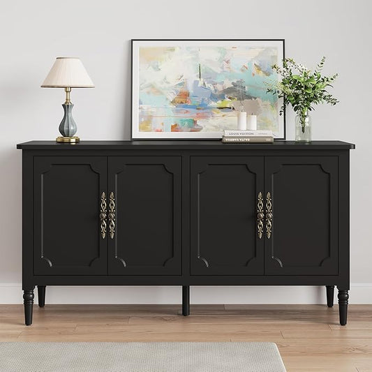 Console Cabinet, 58'' Mid Century Modern Pantry Sideboard, Wood Buffet Cabinet, Media Cabinet with 4 Doors, Accent Cabinet for Entryway, Living Room, Dining Room (Black)