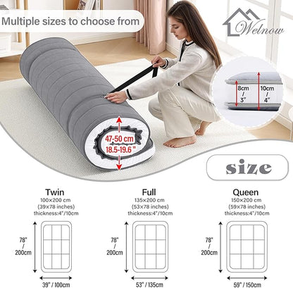 Welnow Japanese Futon Floor Mattress, Queen Size Thick Tatami Mat Portable & Foldable Roll Up Floor Bed Mattress with Storage Bag, Sleeping Pad for Adults, Dorm, Guest Bed, Camping and Travel, Grey