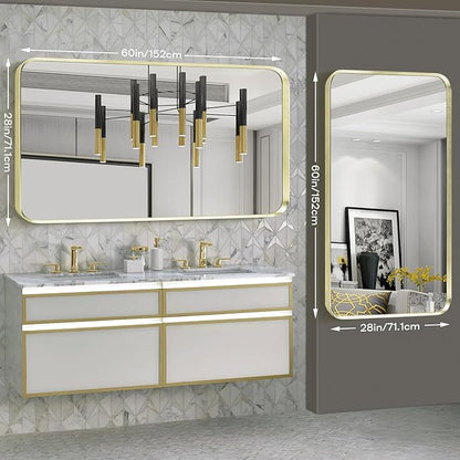 Wall Mount Mirror for Bathroom, Large Brushed Gold Metal Framed Rounded Corner Rectangular Vanity Mirror, Tempered Glass, Anti-Rust, Hangs Horizontally or Vertically (28" x 60", Gold)