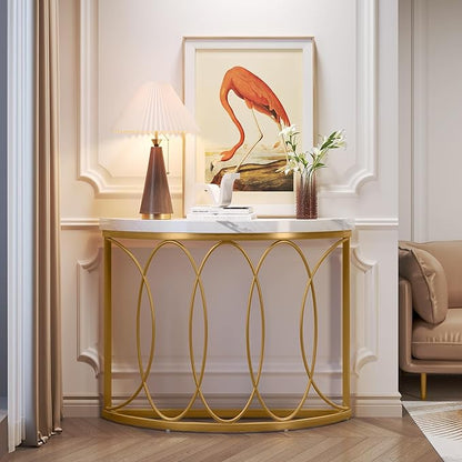 LITTLE TREE Half Moon Gold Console Table, 43 Inch Modern Faux Marble Entryway Table, Narrow Semi Circle Sofa Accent Table with Geometric Metal Frame for Living Room, Hallway