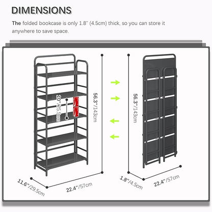 4NM No Assembly Folding Bookshelf 5 Tiers Vintage Industrial Black Book Shelf Metal Foldable Storage Bookcase and Bookshelves for Living Room,Bedroom and Kitchen - Black