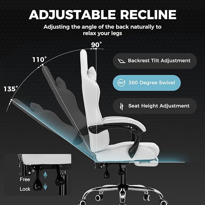 GTPLAYER Gaming Chair with Footrest, Computer Chair with and Lumbar Support, Height Adjustable Game Chair with 360°-Swivel Seat and Headrest and for Office or Gaming (All Light Gray-Fabric)