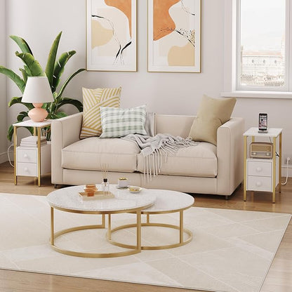 HOOBRO End Table with Charging Station, Narrow Side Table with 2 Drawer & USB Ports & Power Outlets, Nightstand for Small Spaces, Stable and Sturdy, for Living Room, Bedroom, Gold and White DW541BZ01