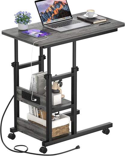Height Adjustable End Table with Charging Station, Mobile C Shaped Laptop Side Table with Wheels, 3-Tier Sofa Couch Table with Storage Shelve for Living Room Bedroom, Grey Oak