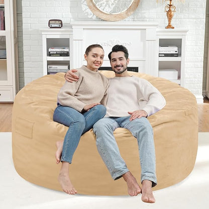 4FT Bean Bag Chair, Large Bean Bag Chairs with Memory Foam Filled, Fluffy Beanbag Sofa with Dutch Velvet Cover, Round BeanBag Chairs for Living Room, Playroom - Khaki