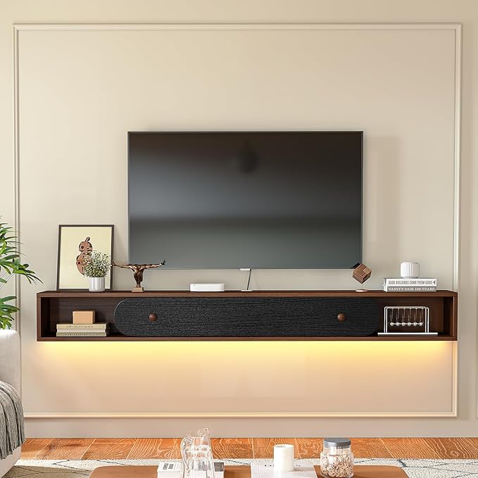 Floating TV Stand Wall Mounted 70'', Modern Media Console with 2 Open Cabinets and 1 Door,Wall Mount TV Console for Living Room Bedroom,Walnut and Black