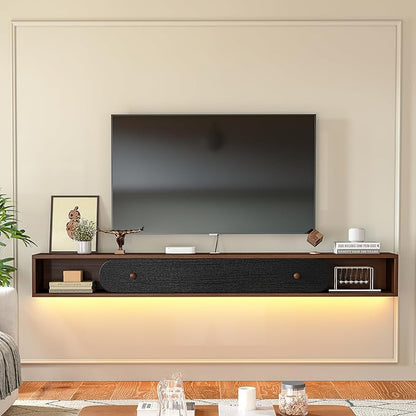 Floating TV Stand Wall Mounted 70'', Modern Media Console with 2 Open Cabinets and 1 Door,Wall Mount TV Console for Living Room Bedroom,Walnut and Black