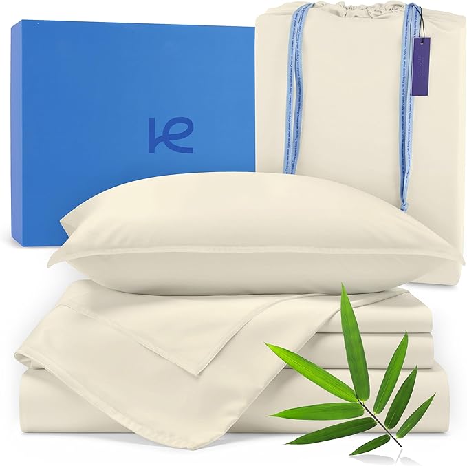 Kickoff Viscose Bamboo Sheets Queen Size 4-pc 100% Organic Bamboo Viscose Bed Cooling Sheets Queen Size Set Cool Bedding for hot Sleepers Sheet, Flat, Fitted, Pillowcases (Buttercream, Q)
