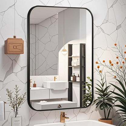 Matte Black Mirror, 48"x30" Rectangle Bathroom Mirror, Metal Frame Rectangle Corner Vanity Mirror, Wall Mounted Mirror for Modern, Living Room, Bedroom, Horizontal Or Vertical