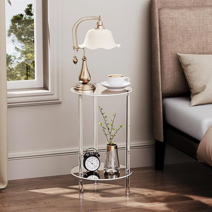 Clear Round Acrylic Side Table for Small Spaces, 11.81" L x 11.81" W x 19.82" H, 2 Tier Small Modern Drink End Table Nightstand, Minimalist Bedside Table for Living Room, Bedroom, Bathroom
