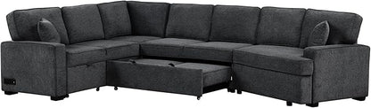126" Extra Large Pull-Out Sofa Bed with Drop-Down Cup Holder Tables,L-Shaped Sectional Couch W/Charging Device,Convenient Sleeper Furniture Set for LivingRoom Apartment,Beige Chenille