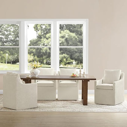 Upholstered Dining Chairs with Casters Washable Cover Side Deskchair with Rollers for Diningroom, Living Room, Cream Beige, 2 Box