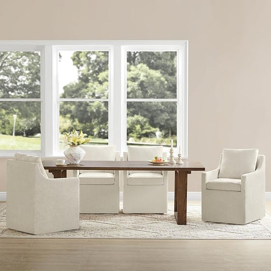 Upholstered Dining Chairs with Casters Washable Cover Side Deskchair with Rollers for Diningroom, Living Room, Cream Beige, 4 Box