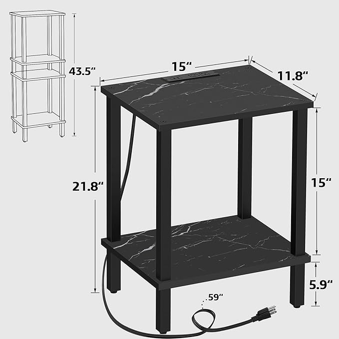 TUTOTAK End Table with Charging Station, Set of 2, Small Side Table, Nightstand Bedside Table, 2-Tier Storage Shelf for Small Space, Living Room, Bedroom Marble Black TB01BMK041