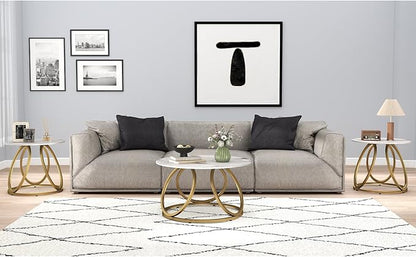 OIOG Round Coffee Table for Living Room, Modern Coffee Table with Marbling Natural Stone, Gold & White