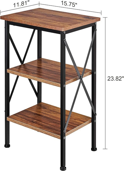 VECELO End Table Set of 2, Bedside Table, 24" Tall Living Room End Tables, X-Design Reinforced Nightstands, Side Table with 3-Tier Storage Shelves for Small Spaces, Office, Bedroom, Rustic Brown