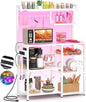Aheaplus Bakers Rack with Power Outlet and LED Light Strings, Microwave Oven Stand Kitchen Storage Shelf with Wire Basket, Coffee Bar Station Island Table with 10 Hooks for Spices, Pots, Pans, White