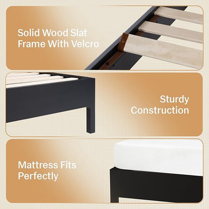 Bme Madia King Size Bed Frame and Headboard, Sophisticated Mid-Century Style with Fluted Pattern, 800lbs Weight Support, Crafted from Durable Acacia Wood Slats, Simple Assembly, Sleek Black Finish