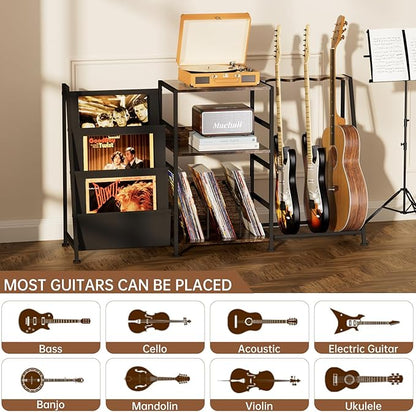 Hosfais 3 Tier Record Player Stand, Guitar Stand for Acoustic, Electric Guitar, Bass Stand, Vinyl Record Storage Up to 200 Albums for Living Room Bedroom, Rustic Brown