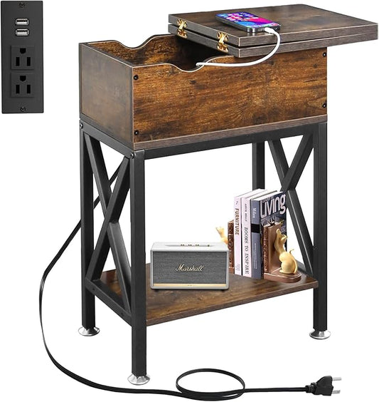 Toocust End Table Living Room with Charging Station, 11"D x 24"W x 23"H, Flip Top Side Table with USB Ports and Outlets, Narrow End Table with 5.3" Deep Drawer, Reinforced Steel X-Frame, Rustic Brown