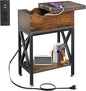 Toocust End Table Living Room with Charging Station, 11"D x 24"W x 23"H, Flip Top Side Table with USB Ports and Outlets, Narrow End Table with 5.3" Deep Drawer, Reinforced Steel X-Frame, Rustic Brown