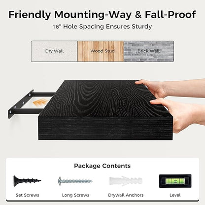 Fun Memories Black Floating Shelves 30" W x 12" D, 12 Inch Deep Floating Shelf for Books, Bathroom, Living Room, Rustic Wood Wall Shelves, 2 Inch Thicked Storage Shelf for Home Storage, Set of 2
