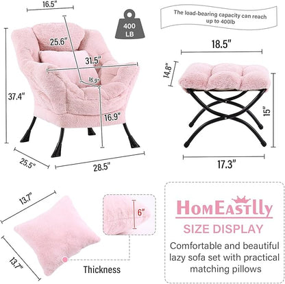 Large Lazy Chair with Ottoman, Accent Reading Chair with a Throw Pillow, Cozy Lounge Chair with Armrest, Leisure Sofa Chair for Living Room, Bedroom, Dorm, Plush Pink