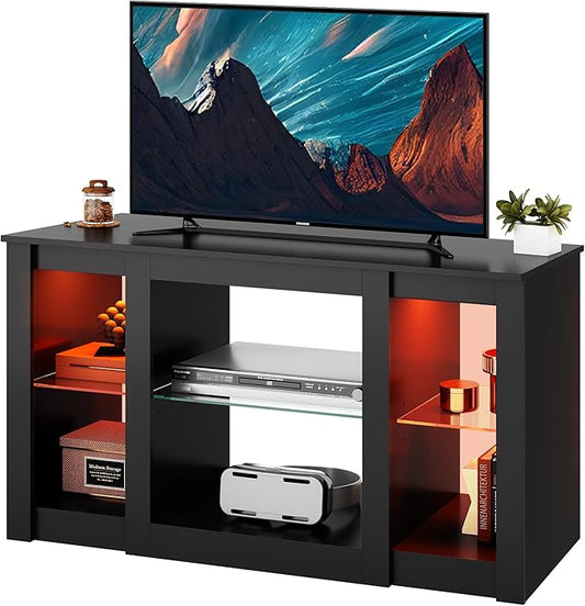 WLIVE TV Stand for 43 Inch TV, Modern Entertainment Center with LED Lights & Adjustable Glass Shelves, Sturdy Media Console for Living Room, Bedroom,Gaming (Black)