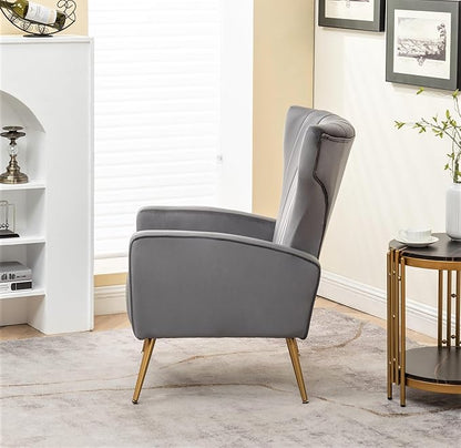 Container Furniture Direct Modern Velvet Accent Chair, Channel Tufted Bedroom, Office or Living Room Furniture with Elegant Metal Legs, 26" Wide Armchair, Grey