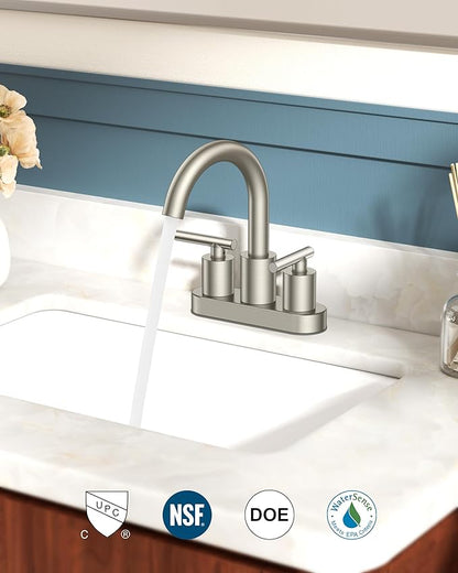 FORIOUS Brushed Nickel Bathroom Faucet 2 Hole, 4 Inch Centerset Bathroom Sink Faucet Brushed Nickel with Metal Dain, 24" CUPC Hoses, 360° Swivel Gooseneck for RV Basin