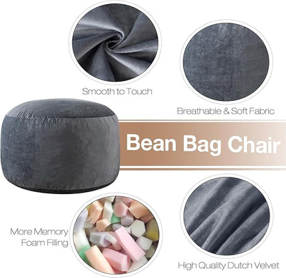 5 Ft Bean Bag Chairs for Adults with Memory Foam Filling, Comfy Bean Bag Sofa with Filler Included, Soft Dutch Velvet Fabric Beanbags,5 Foot, Grey