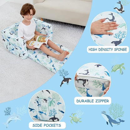 Viviland Kids Chairs for Toddler,2-in-1 Soft Toddler Couch Fold Out,Convertible Soft to Lounger Toddke Chair Comfy for Girls and Boys,Blue Whale