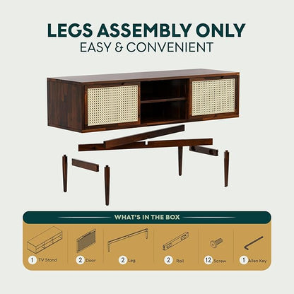 Bme Oliver TV Stand for TVs up to 55", Mid-Century Solid Wood TV Console with Natural Rattan Door, Media TV Console, Entertainment Center with Storage, Fluted Media Cabinet for Living Room, Walnut