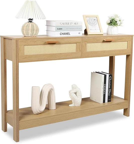 Console Table with Rattan Drawers Boho Entryway Table Narrow Long Sofa Table for Entrance, Hallway, Living Room, Couch