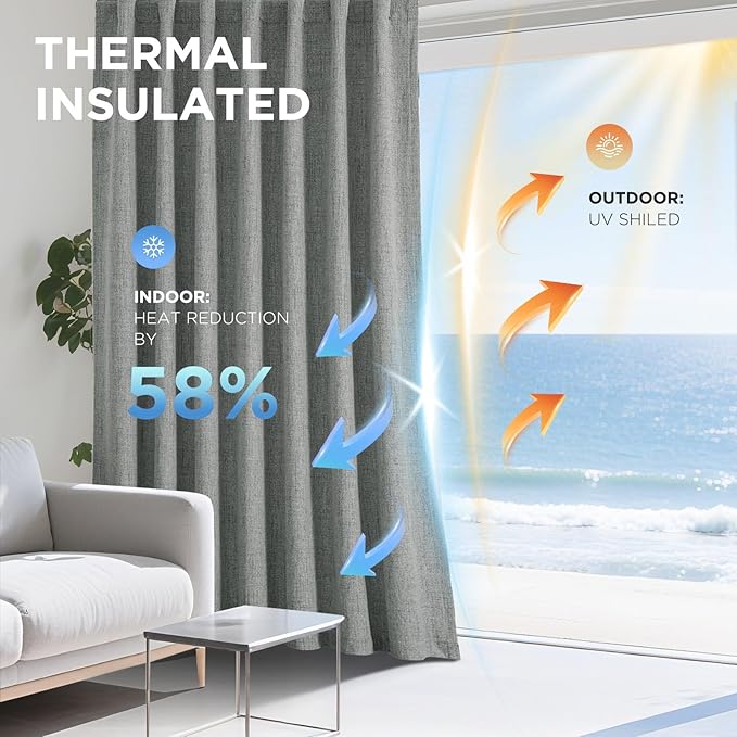Joydeco 100% Blackout Curtains for Bedroom - Natural Linen Curtains 100" W x 108" L Long, Thermal Insulated 1 Panels Light Grey. Room Darkening Light Blocking Drapes for Living Room