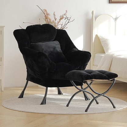 Lazy Chair with Ottoman, Reading Chair with a Pillow, Leisure Sofa Armchair with Ottoman, Large Accent Lounge Chair for Bedroom, Living Room, Dorm Room, Plush Black