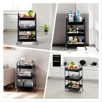 SETTFRFE 3 Tier Rolling Cart Metal,File and Art Cart with Wheels,Storage Shelf Organizer Cart for Bathroom,Office,Kitchen,Black