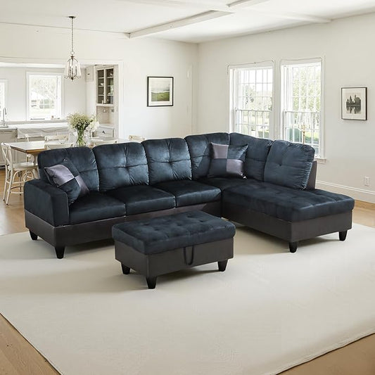 NicBex Sectional Couch 3 Pieces Sofa Set with Left Chaise Lint PVC L Shaped Cloud Couch for Living Room Furniture Sets with Storage Ottoman, Modular Sofa for Living Room & Apartment, Dark Blue+Brown