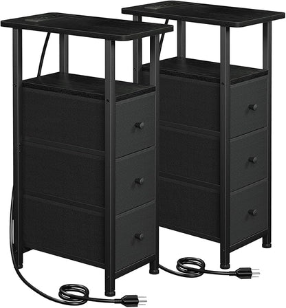 Narrow End Tables Living Room Set of 2 with Charging Station, Skinny Side Table with Fabric Drawers, Slim Nightstand for Bedroom, Small Spaces, Couch, Black, HETNDP03BK
