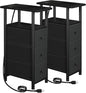 Narrow End Tables Living Room Set of 2 with Charging Station, Skinny Side Table with Fabric Drawers, Slim Nightstand for Bedroom, Small Spaces, Couch, Black, HETNDP03BK