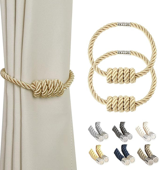 BEL AVENIR Magnetic Curtain Tiebacks, Decorative Drapery Holdbacks Modern Woven Tie-Backs with Exquisite Knot (Gold, 2 Pack)