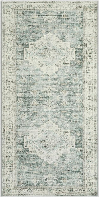LIVEBOX Washable Rug 2x4 Kitchen Mats for Floor Entryway, Non Slip Front Door Mat for Bathroom Hallway, Boho Low-Pile Small Carpet Farmhouse Indoor Runner Rugs for Bath, Sage Green