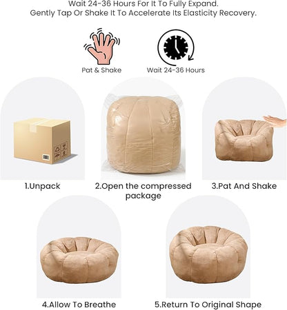 Bean Bag Chair with Filler Included, Faux Fur Comfy Chair with Petal Arm Rest Fluffy Reading Chair for Bedroom, Living Room, Dorm, Game - Taupe, Large, Low Support