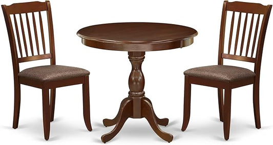 East West Furniture AMDA3-MAH-C 3 Piece Kitchen Table & Chairs Set Contains a Round Dining Room Table with Pedestal and 2 Linen Fabric Upholstered Chairs, 36x36 Inch, Mahogany